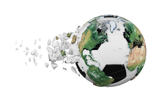Crashed broken soccer ball with planet earth globe concept isolated on white background. Football ball with realistic continents.