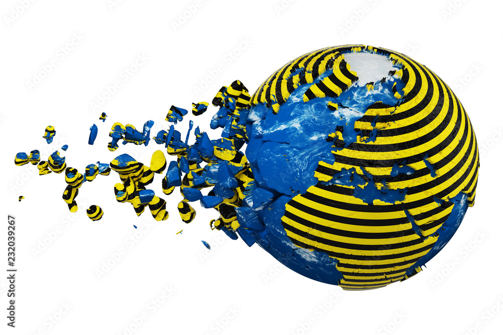 Poster broken crashed planet earth globe isolated on white background. striped police warning safety ribbon