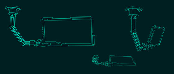Robotic arm with futuristic monitor. Vector outline illustration.