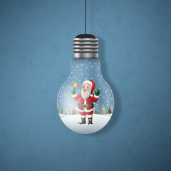 Christmas card with a Santa claus in the hanging light bulbs