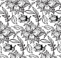 Hand drawn floral pattern with flowers and leaves