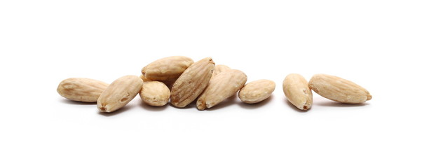 Blanched almonds, pile, isolated on white background