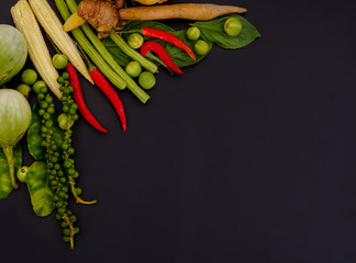 Herb and spicy ingredients for making Thai food on dark background. Recipes book, Thai food or cooking concept, Top view with copy space.