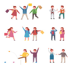 A cute elementary school character set playing backpacks with friends. flat design style vector graphic illustration.