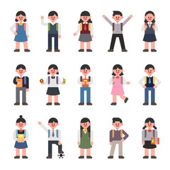 Cute character set carrying a backpack. flat design style vector graphic illustration.