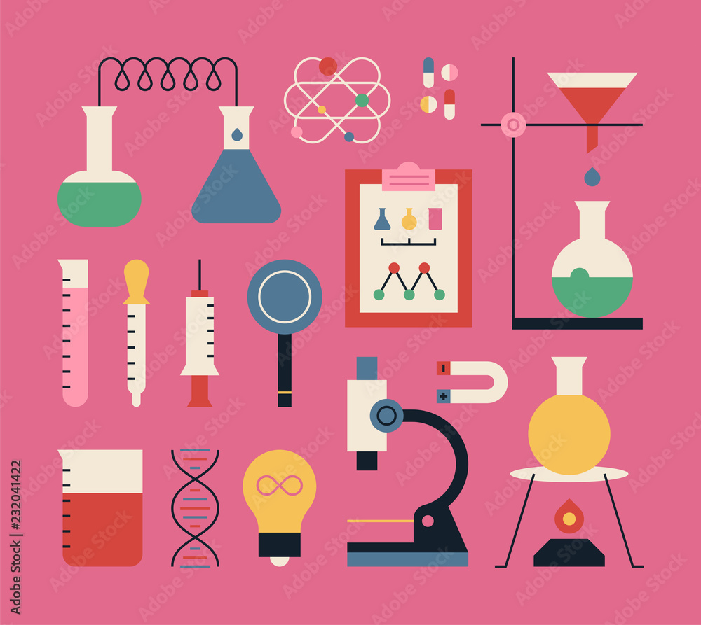 Aufkleber set of colorful science experiment tools icons. flat design style vector graphic illustration.