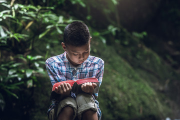 Boy reading book or holy bible in nature with green moss. Children and religion.