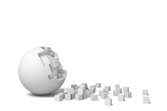 3d rendering of an isolated white round ball getting deteriorated with small pieces.