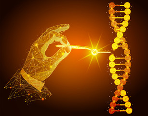 Low poly illustration of the Manipulation of DNA double helix with with bare hands, tweezers
