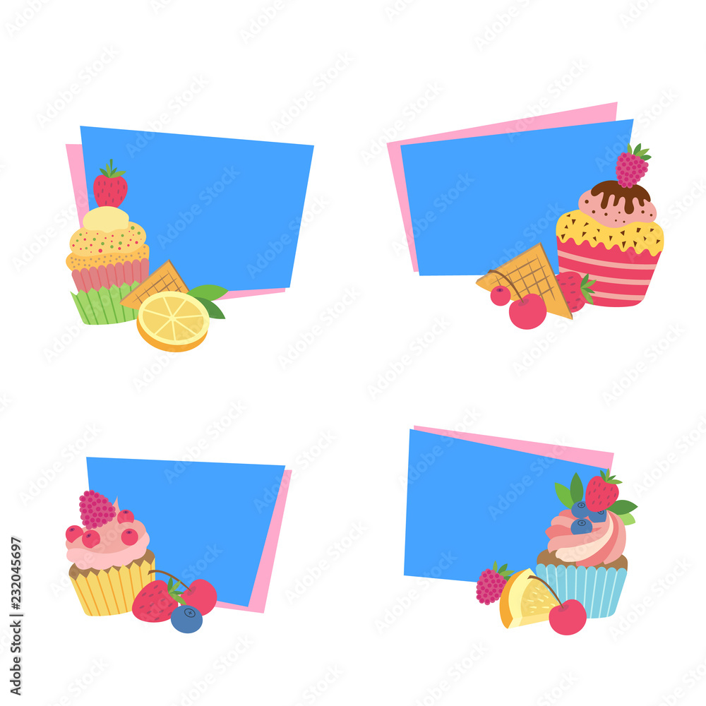 Wall mural vector cute cartoon muffins or cupcakes stickers isolated on white background