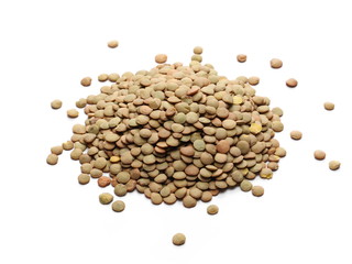 Pile of green lentils isolated on white background