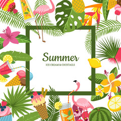 Fototapeta premium Vector flat cute summer elements, cocktails, flamingo, palm leaves background with place for text illustration