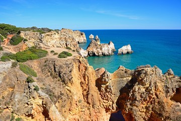 Elevated view of the cliffs with views across the ocean, Praia da Rocha, Portimao, Portugal.