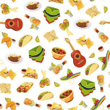 Vector colored cartoon mexican food flat style pattern or background illustration