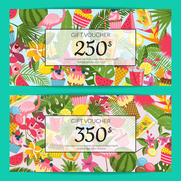 Vector flat cute summer elements, cocktails, flamingo, palm leaves discount or gift voucher templates illustration