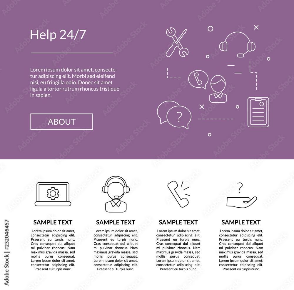 Aufkleber vector line call support center icons landing page template illustration for web banner and website