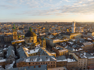 beauty sunset over old european city. birds eye view