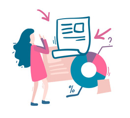 Woman and a lot of information, graphics. Overload information concept. Flat vector.