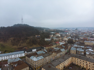 european city in mist weather. birds eye view
