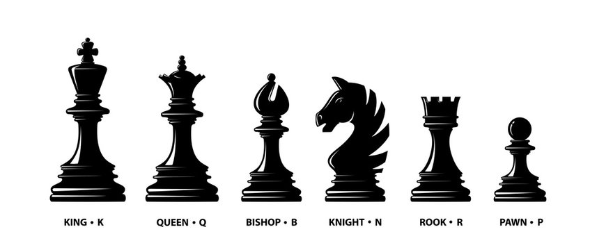 Chess piece icons with name. Board game. Black silhouettes isolated on white background. Vector illustration.