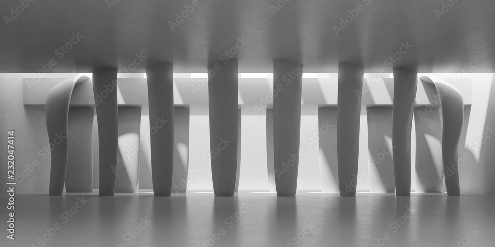 Aufkleber Abstract of concrete architecture space with rhythm of column and sun light cast shadow on the wall. 3D rendering