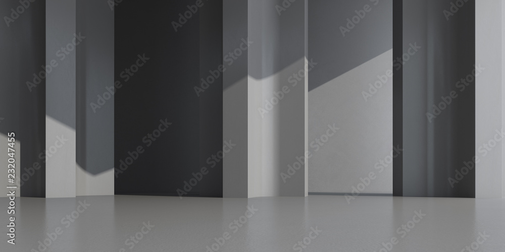 Aufkleber Abstract of concrete architecture space with rhythm of column and sun light cast shadow on the wall. 3D rendering
