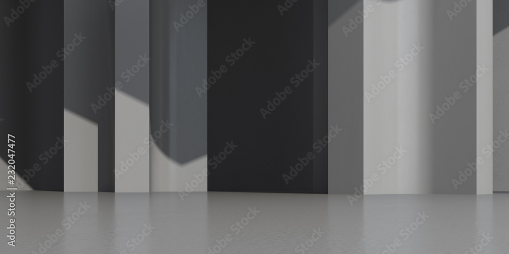 Poster Abstract of concrete architecture space with rhythm of column and sun light cast shadow on the wall. 3D rendering