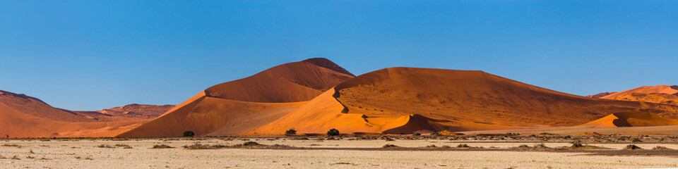Orange sand dune against blue sky in late moring. Panoramic view of Sossusvlei, Namibia. - obrazy, fototapety, plakaty
