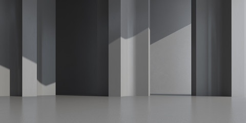 Abstract of concrete architecture space with rhythm of column and sun light cast shadow on the wall. 3D rendering