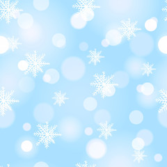 Fototapeta na wymiar Christmas seamless snowflakes background with light boke