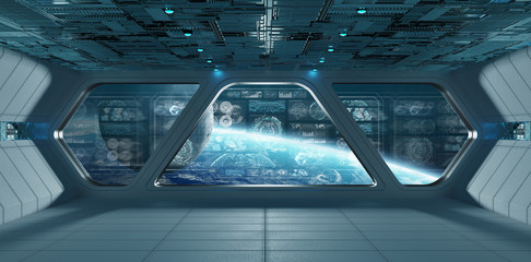 Blue spaceship interior with control panel screens 3D rendering