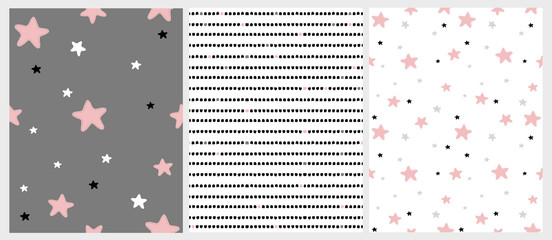 Cute Hand Drawn Stars and Stripes Irregular Vector Patterns. Pink, Black, White and Light Gray Stars. White and Dark Gray Background. Simple Infantile Style Design. Set of 3 Delicate Illustrations. 