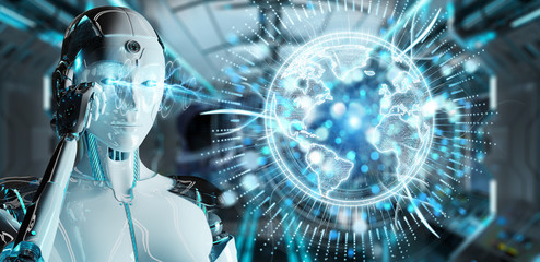 White robot woman using globe network hologram with America Usa map 3D rendering