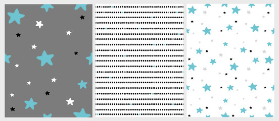 Cute Hand Drawn Stars and Stripes Irregular Vector Patterns. Blue, Black, White and Light Gray Stars. White and Dark Gray Background. Simple Infantile Style Design. Set of 3 Delicate Illustrations. 