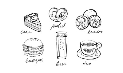 Collection of fast food dishes and drinks, cake, pretzel, lemon, burger, beer, tea hand drawn vector Illustration on a white background