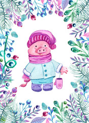Pig, symbol of the year New year's set. Watercolor illustration