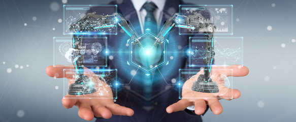 Businessman using robotics arms with digital screen 3D rendering