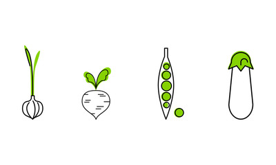 Fresh vegetables line icons set, garlic, green peas, beetroot, eggplant, organic healthy food vector Illustration on a white background