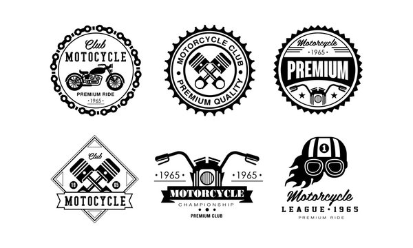 Motorcycle club logo set, retro badges for biker club, auto parts store, repair service vector Illustration on a white background