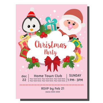 flat style christmas party invitation card santa penguin