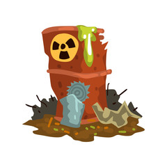 Rusty flowing barrel of nuclear waste, toxic waste dump, ecological disaster, environmental pollution concept, vector Illustration on a white background