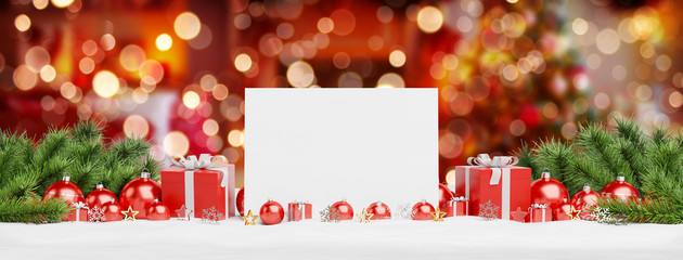 Blank Christmas card laying on red baubles and gift 3D rendering