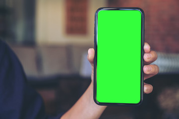 Mockup image of a hand holding black mobile phone with blank esktop screen with blur background