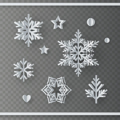 Snowflakes set isolated on transparent background. White snow flakes, stars template. Vector christmas paper elements for xmas, New Year or winter design.