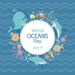 Fototapeta na wymiar World oceans day. Sea animals. Vector illustration. Poster. 