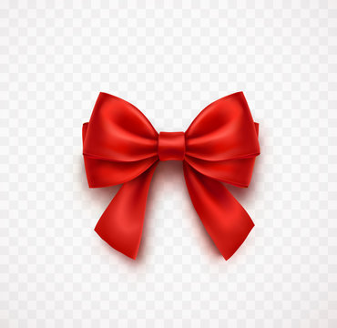 Bow isolated on transparent background. Vector Christmas red satin ribbon with shadow, xmas wrap element template.