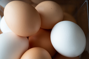Brown and white eggs in plastic transparent cube