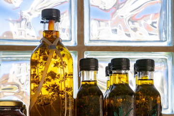 Bottles with olive oil and plant sprigs inside against the window