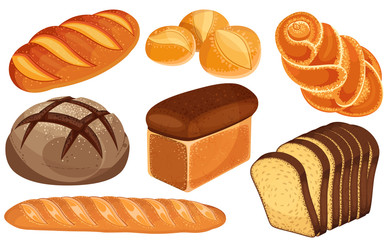 Vector bread icons set. Long loaf, rye bread, baguette, rolls, white bread, sliced bread, brioche.