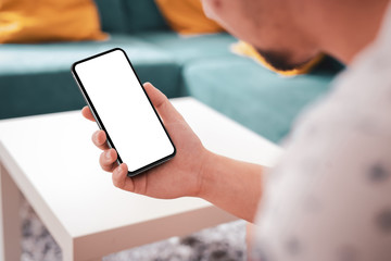 Smartphone in hand blank screen in living room